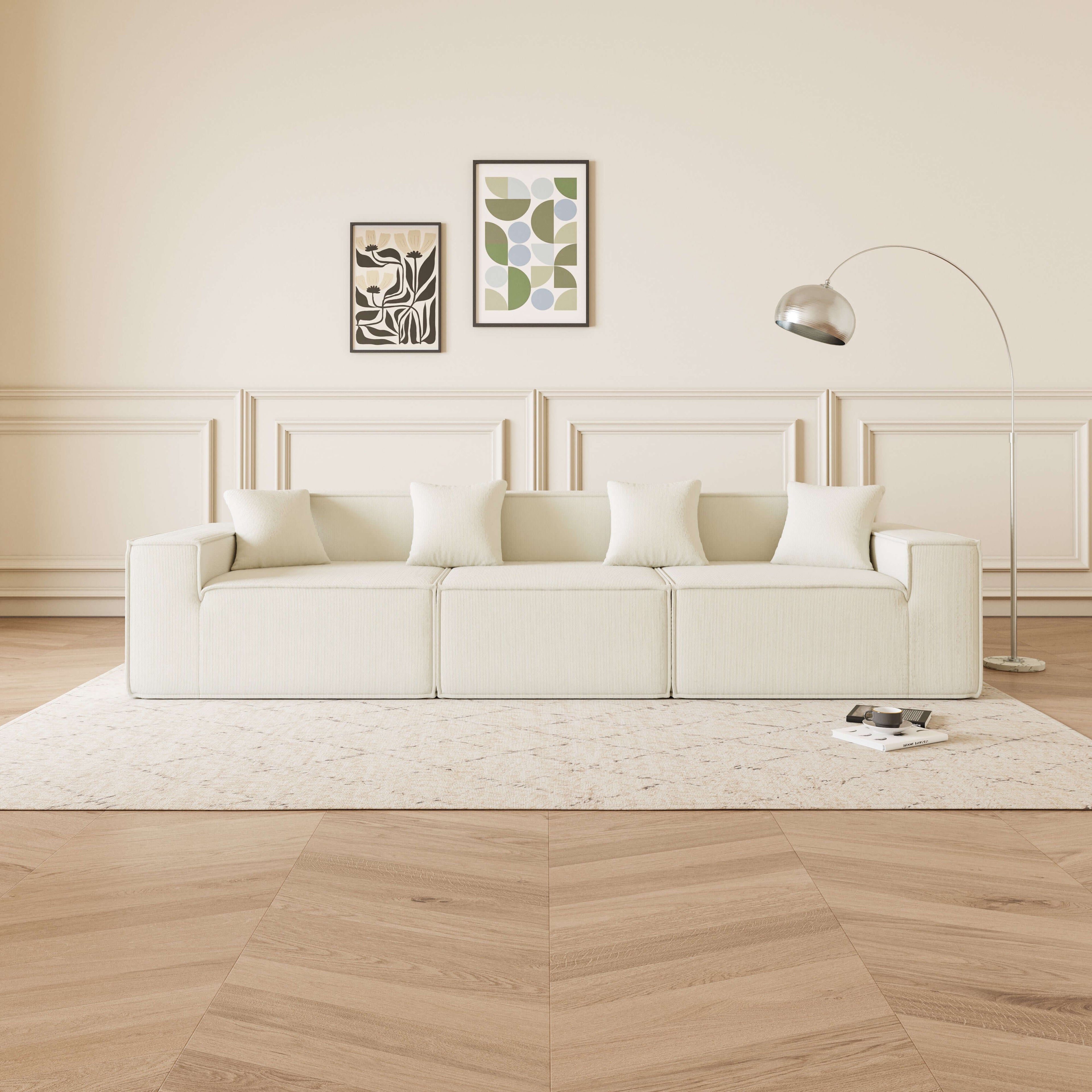 Cube - Sofá Modular 3 Plazas en Pana Beig en un salón moderno con alfombra y arte en las paredes.