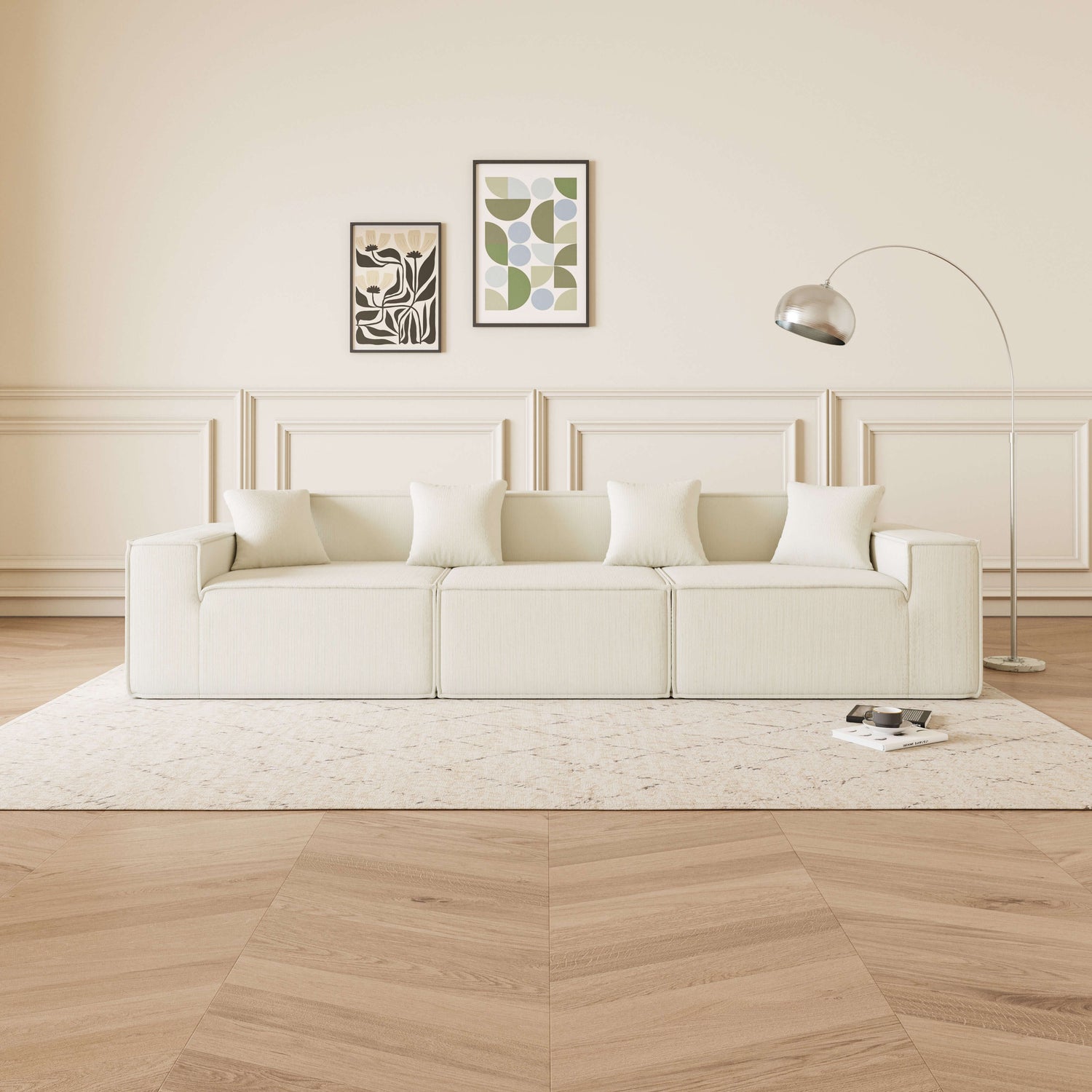 Cube - Sofá Modular 3 Plazas en Pana Beig en un salón moderno con alfombra y arte en las paredes.