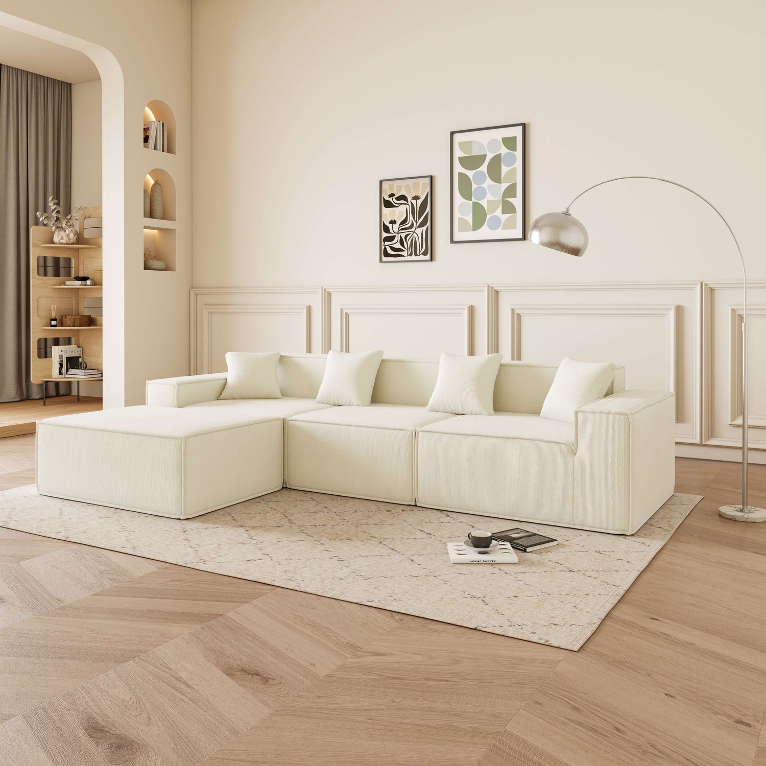 Cube - Sofá Modular 3 Plazas + Puff en Pana Beig en diseño moderno y sofisticado, adaptado a cualquier espacio.