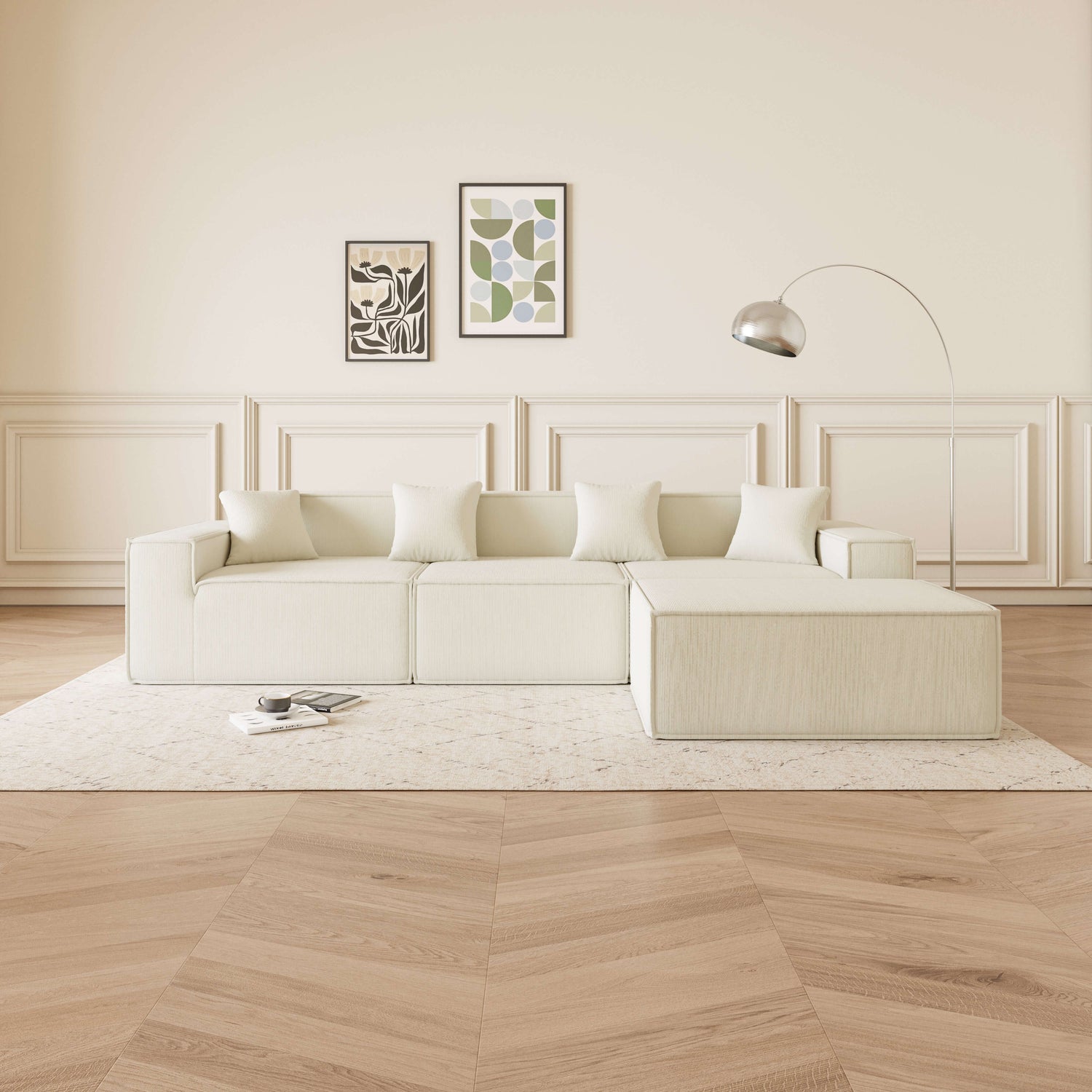 Cube - Sofá Modular 3 Plazas + Puff en Pana Beig en un elegante salón moderno con decoración minimalista.