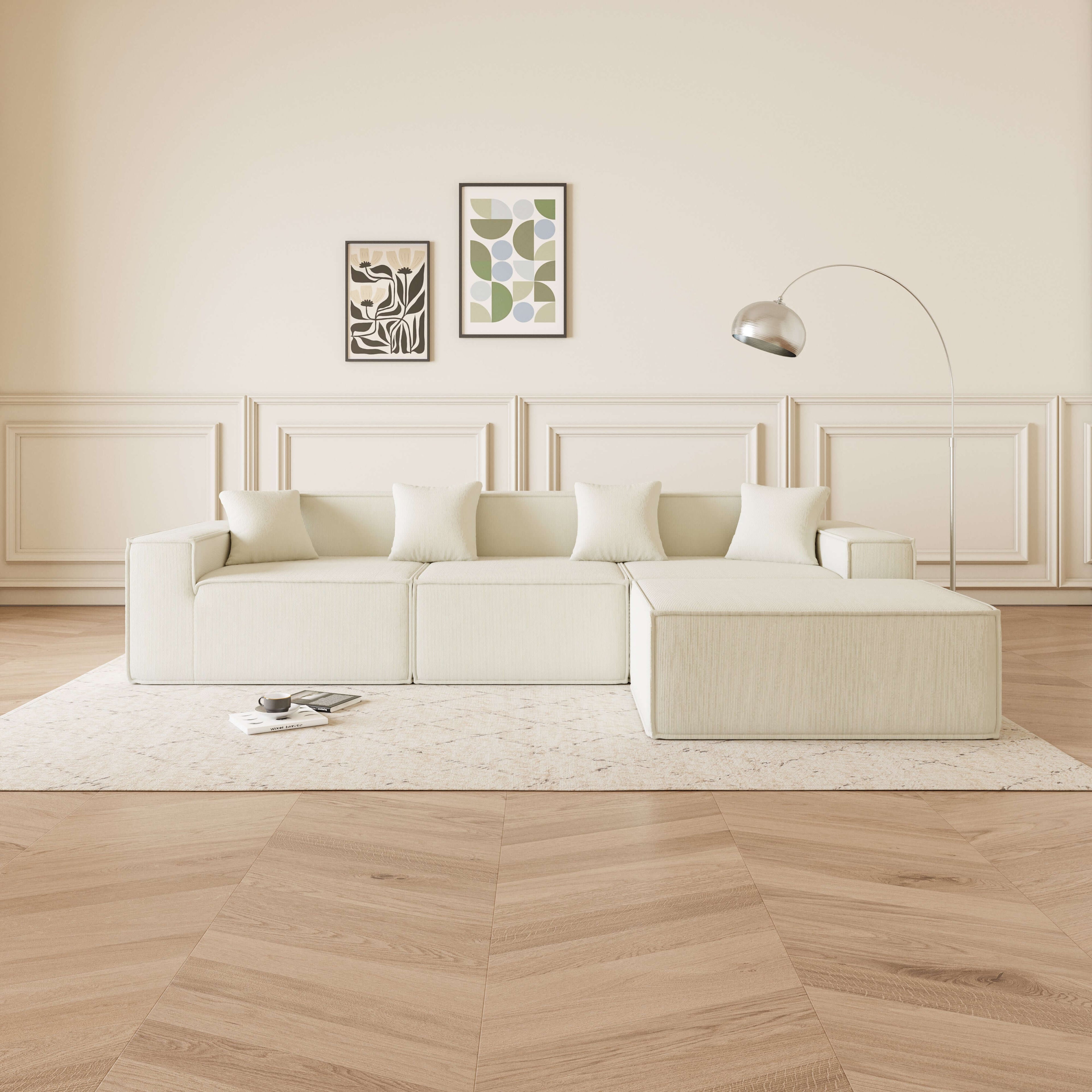 Cube - Sofá Modular 3 Plazas + Puff en Pana Beig en un elegante salón moderno con decoración minimalista.